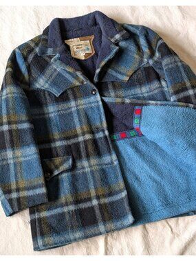 Pioneer Wear Vintage 70s 80 Women's Blue Plaid Wool Mohair Blend Overcoat 18 USA